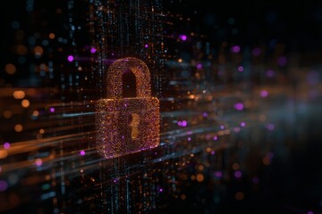 cybersecurity concept visualization violet neon with a golden lock icon  glowing with lights horizontal backdrop