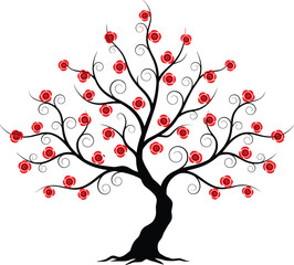 Stylized black silhouette tree vector illustration with curly branches and blooming red spiral roses, representing love, nature, romance, and artistic design.