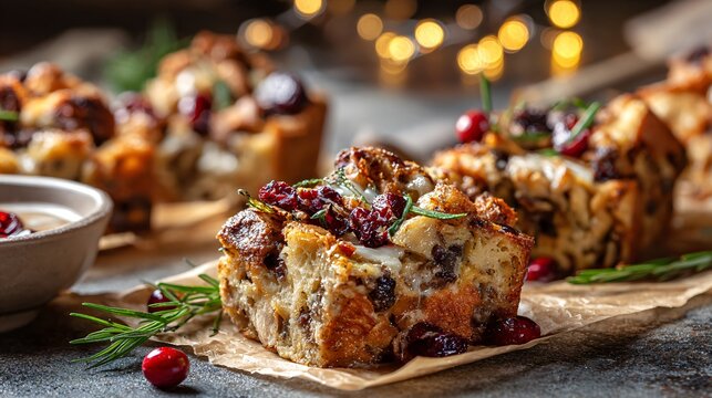 Flat lay of festive bread pudding portions on rustic parchment with open space