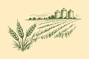 Wheat field with grain silos vintage sketch vector illustration © Victoria