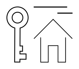 Real estate, home ownership, security, housing market, property investment, minimalism. A simplistic design of a key next to a house outline. Home ownership and real estate