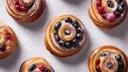 Fototapeta premium Flat lay of fruit-filled pastry spirals placed symmetrically on snowy white background