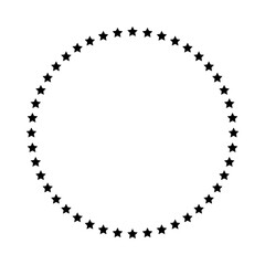Stars of various sizes arranged in a circle. Round frame, border. Black star outline, simple symbol. Design element, ornament. Line art. Vector illustration