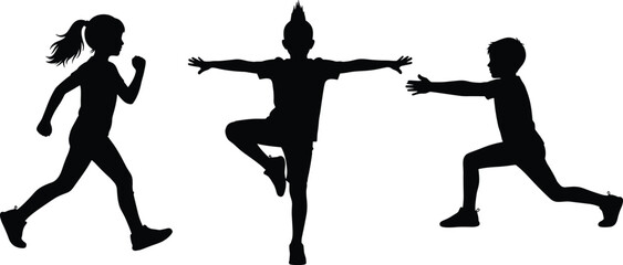 Set of black silhouettes featuring diverse children running, exercising, and performing balance poses, symbolizing fitness, health, movement, and an active lifestyle.