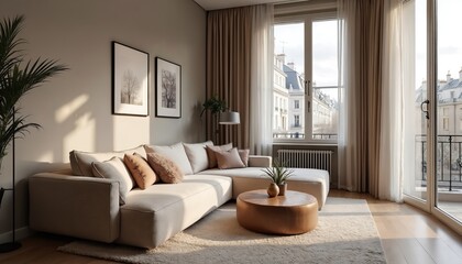 Sunlight streams into modern Paris apartment living room. Plush sectional sofa with neutral pillows sits on fluffy rug. Round wooden coffee table and potted plants add warmth to chic urban interior.