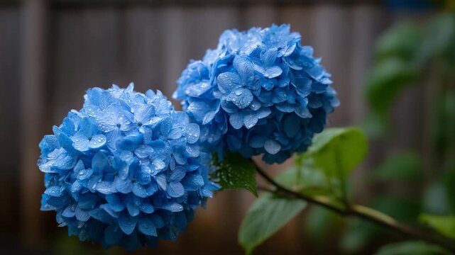 Blue hydrangea flowers with green leaves water drops floral garden concept close up vibrant botanical fresh macro natural background serene composition