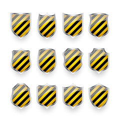 Glossy shields with yellow and black pattern. Security and protection concept. Cyber safety icons, internet privacy, web defense, digital data protection and antivirus themes. Vector illustration