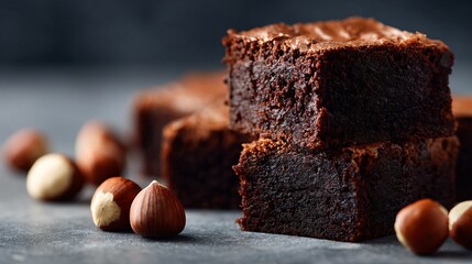 Minimalist arrangement of hazelnut brownies on light stone backdrop with crisp lines