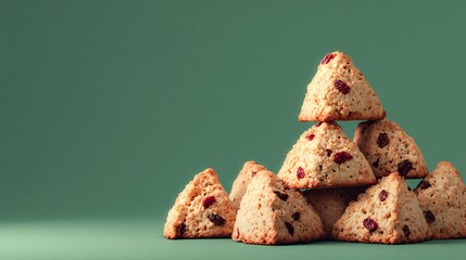 Minimalist arrangement of orange-cranberry scones on muted warm green background