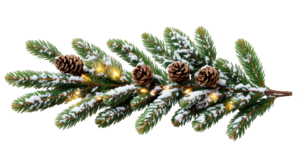 Holiday border of fir branches, pine cones and glowing string lights isolated on white. PNG
