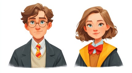 Student avatars depicting male and female characters, wearing school uniforms, showcase educational aspirations in high quality
