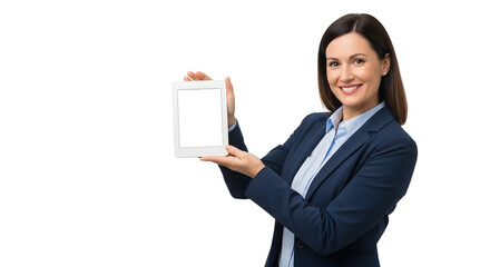 Smiling businesswoman in elegant suit holding a modern blank screen tablet ready for your content