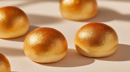 Minimalist composition of golden brioche buns on light cream background, airy shadows