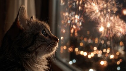 Cozy close-up of a domestic cat looking out a window at night, watching golden bokeh lights and spectacular fireworks displays during a New Year's Eve celebration.