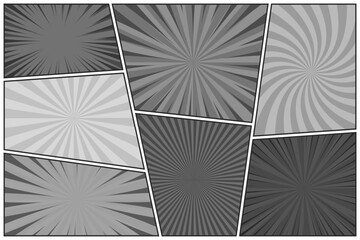 Comic book black and white radial lines collection. Cartoon comics background with motion, speed lines. Retro Pop Art style. Vector illustration