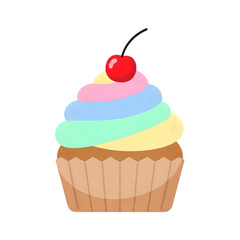 Cupcake icon, pastel frosting, minimal flat vector style, bakery app design, transparent background