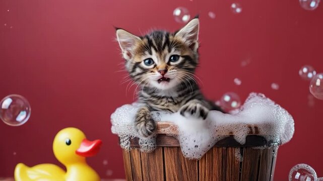 Playful kitten in bubble bath with rubber duck