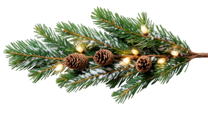 Horizontal Christmas banner with glowing bulbs on lush green pine branches. png
