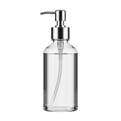 Clear glass bottle with silver pump dispenser isolated on transparent background