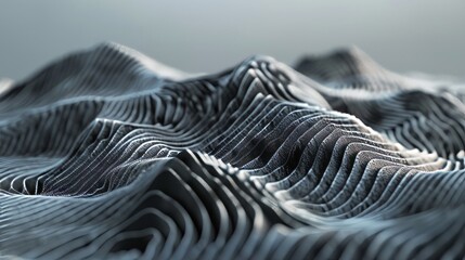 Abstract 3D topographic wave background with textured lines. Digital landscape of black and grey ridges. Futuristic sound frequency concept