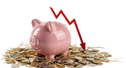 Piggy bank with downward trend arrow over coins symbolizing financial loss