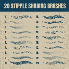 Ink scatter brush, stipple drawing and texturing. Fading gradient. Stippling, dotwork drawing, shading using dots. Halftone disintegration effect. White noise grainy texture. Vector illustration