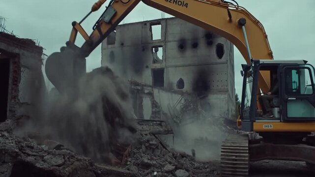 An excavator demolishing a building, with dust and debris flying in the air Stock Video