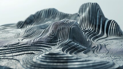 Abstract 3D topography with silver metallic contour lines. Futuristic terrain map background with elevation layers