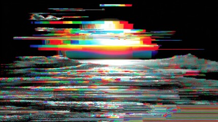 Realistic glitch art shows an abstracted landscape in black background from Mirostock high quality photography