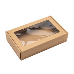 Cardboard box with clear plastic window containing pastries isolated on transparent background