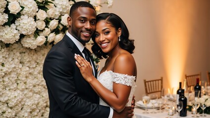 Portrait of a happy African American wedding couple at a reception. Elegant bride and groom posing with floral decoration and dining background