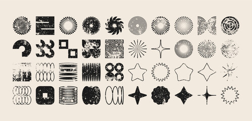 Brutalist geometric shapes, modern grunge symbols. Simple primitive elements and forms, distressed details. Retro design, aged, vintage, trendy contemporary minimalist style, y2k. Vector illustration