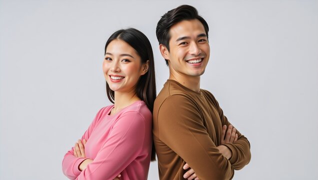 Confident Asian couple standing back to back with arms crossed. Happy young man and woman smiling at camera isolated on white background