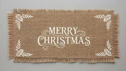 Burlap-style fabric with white "MERRY CHRISTMAS" text and leaf motifs in each festive corner.