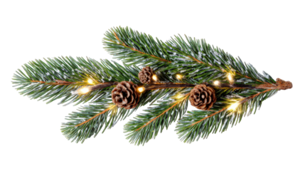 Holiday border of fir branches, pine cones and glowing string lights isolated on white. PNG