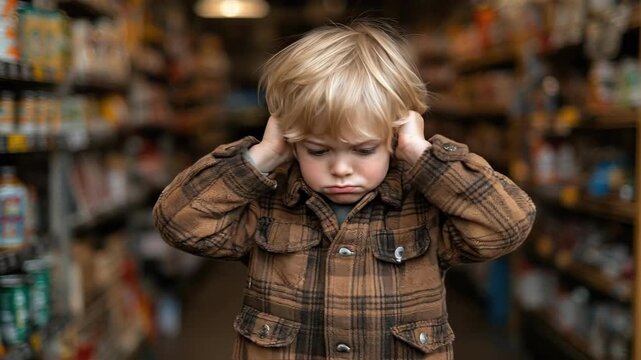 Upset caucasian child in plaid jacket standing in grocery store aisle
