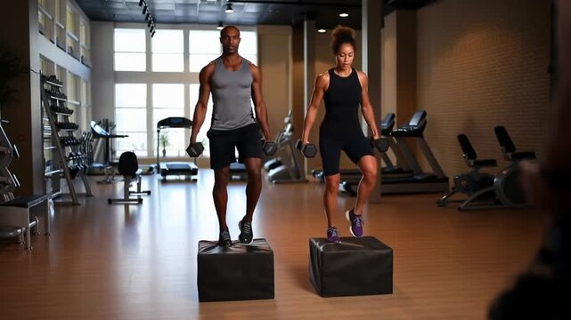 Fitness couple exercising together in gym. They are stepping up on boxes and holding dumbbells, embodying strength and health Stock Video