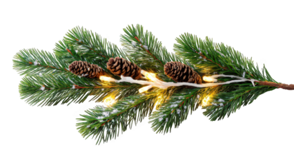 Bright multicolored Christmas lights woven through snowy evergreen garland with pinecones. PNG