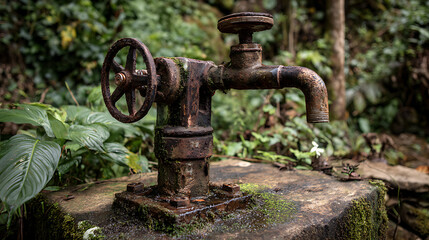 Fototapeta premium A rusted water pump expressing need of upkeep and repair without foreign aid (1)