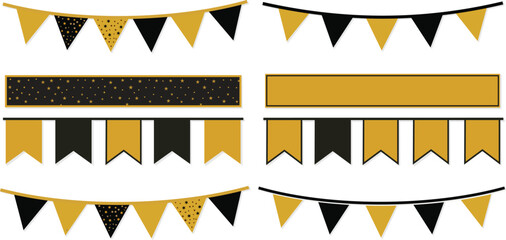 Collection of black and gold party bunting flags and banners