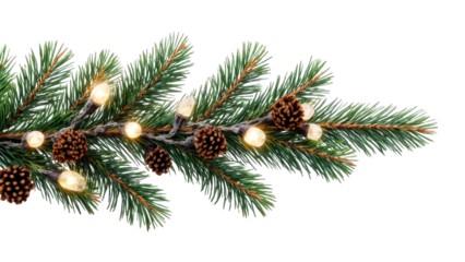Merry Christmas background with evergreen branches, pinecones and multicolor lights. png