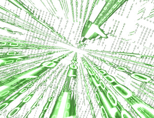 D&iacute;gitos binarios en cian brillante fluyen hacia punto de fuga, formando t&uacute;nel sobre fondo oscuro. transmisi&oacute;n digital, ciberespacio y conectividad virtual.