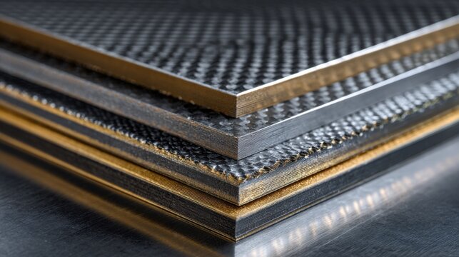 Medium shot of nanostructured aluminum composite panel showcasing lightweight mixedmetal design for advanced aerospace and automotive applications