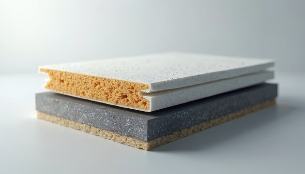 Layered composite panel cross section shows thermal insulation core. Building material for walls, roofs, and floors. Modern eco construction.