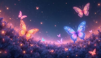 Glowing butterflies flutter over a magical meadow at night. Sparkles and lights fill the dark sky. Floral landscape with enchanting and mystical atmosphere. Nature scene with vibrant colors.