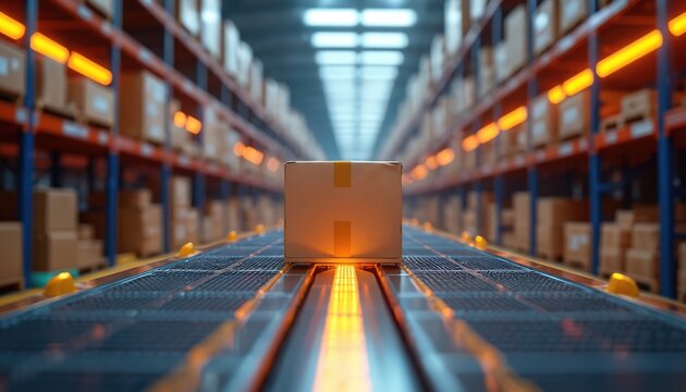 Automated warehouse conveyor belt moves cardboard box. Rows of shelves with products are stacked high. Lights create an orange glow. Logistics, shipping, and delivery.