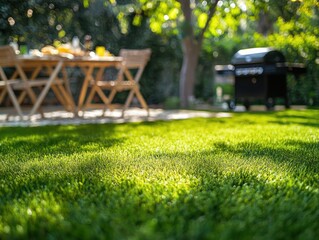 Lush Green Lawn with Outdoor Dining and Barbecue Grill Setup