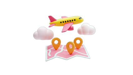 Airplane Flying Over Map with Location Pins
