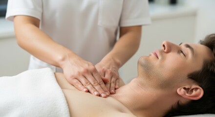 Fototapeta premium Relaxed man receiving massage therapy in spa center