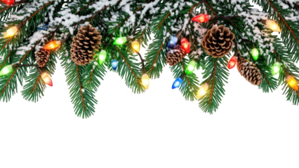 Snow-dusted fir garland with classic Christmas string lights and natural pine cones. png